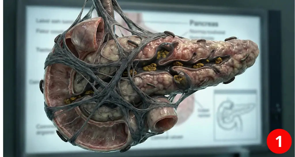 Medical illustration showing a human pancreas affected by a biological blockage and toxin accumulation, preventing normal function.