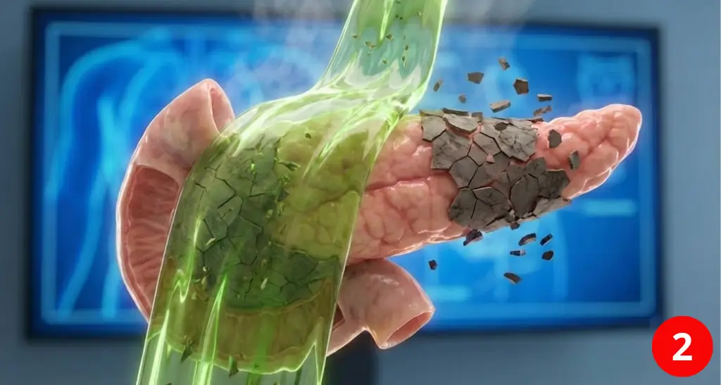 Illustration showing a flow of purifying liquid acting on the pancreas, initiating the removal of blockages and toxins from the tissue.