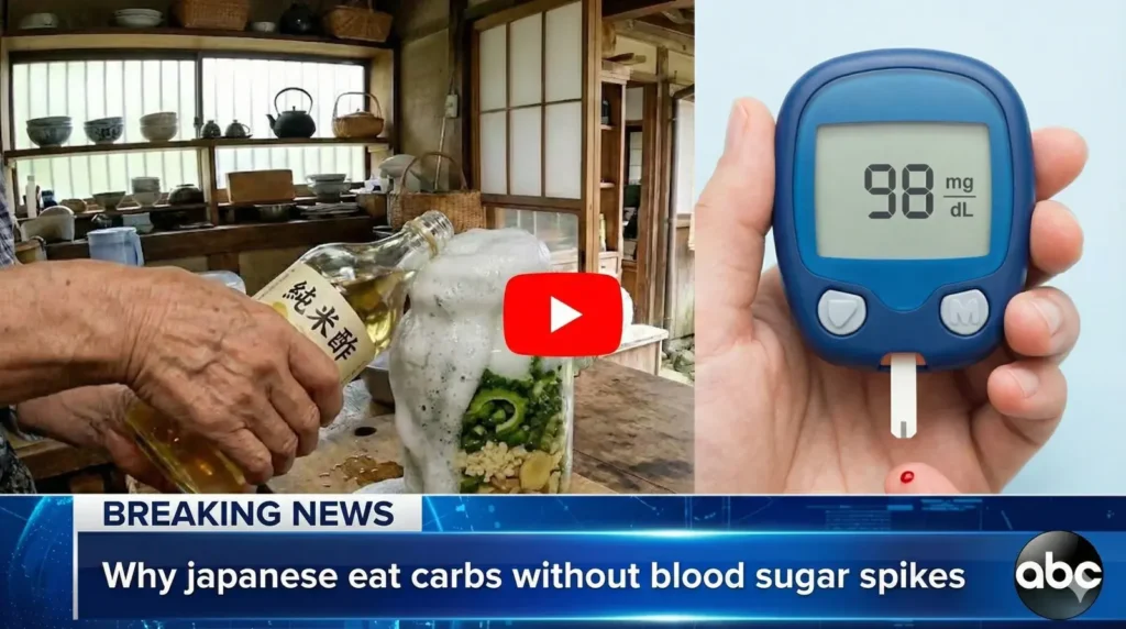 Elderly Japanese person preparing a natural morning drink and a glucose monitor showing healthy levels.