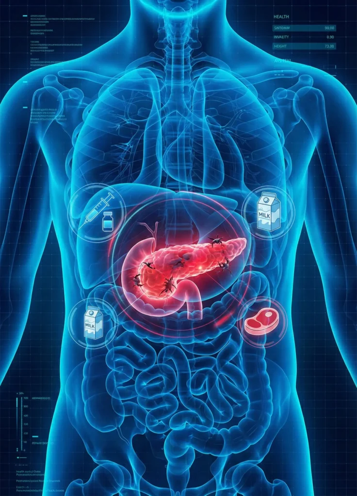 Illustration of the human digestive system focusing on the pancreas and icons representing external factors that can affect its health, such as diet and medication.