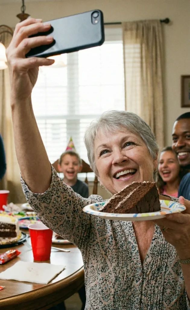 Photograph of an elderly woman smiling while holding a piece of chocolate cake at a family birthday party, symbolizing quality of life and well-being after glucose control.